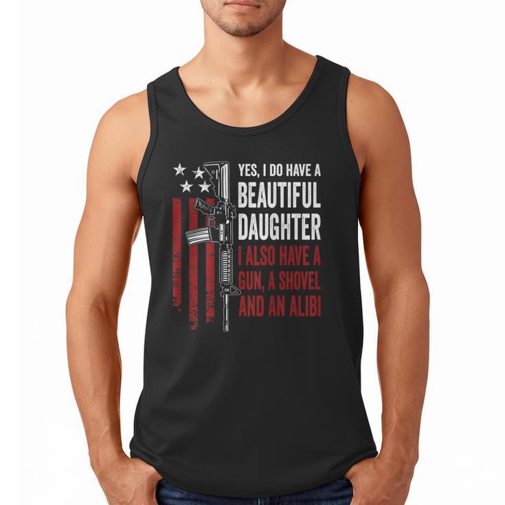 Daughter Gun Shovel Alibi Mom Dad Guns Joke -ON Back Men Tank Top