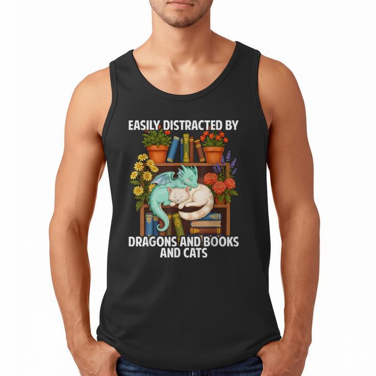 Easily Distracted By Dragons Books Cats Fantasy Book Lover Men Tank Top