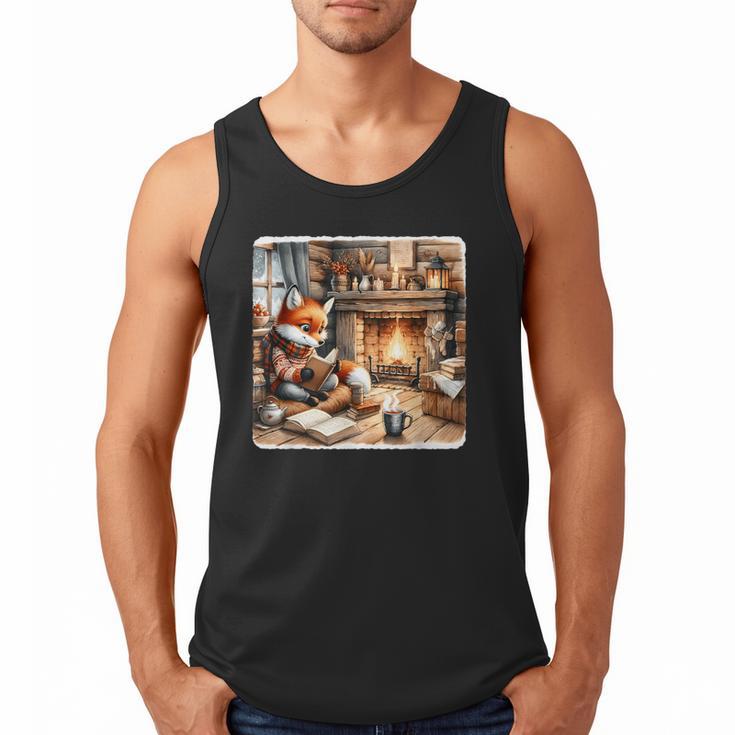 Fox Reads By Fireplace In Cabin Rustic Book Cozy Cup Tea Men Tank Top
