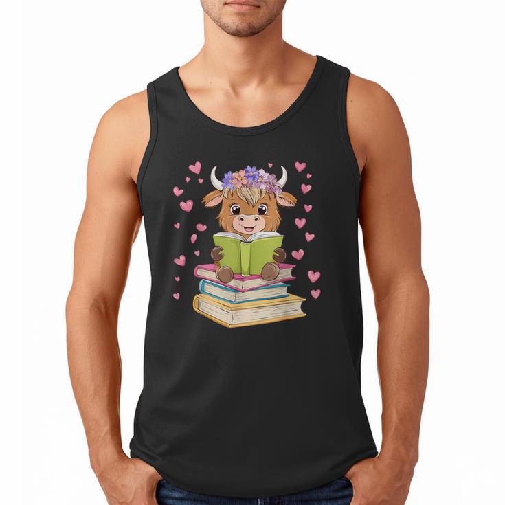 Highland Cow Reading Book Floral Bookworm Men Tank Top