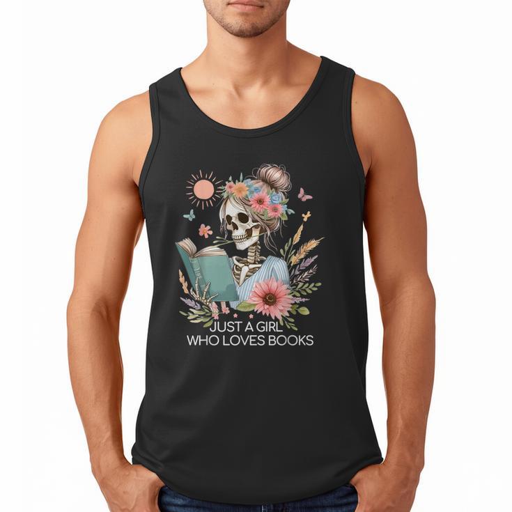 Just A Girl Who Loves Books Messy Bun Book Skeleton Bookworm Men Tank Top