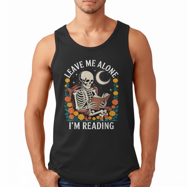 Leave Me Alone Skeleton Reading Book Floral Moon Librarian Men Tank Top