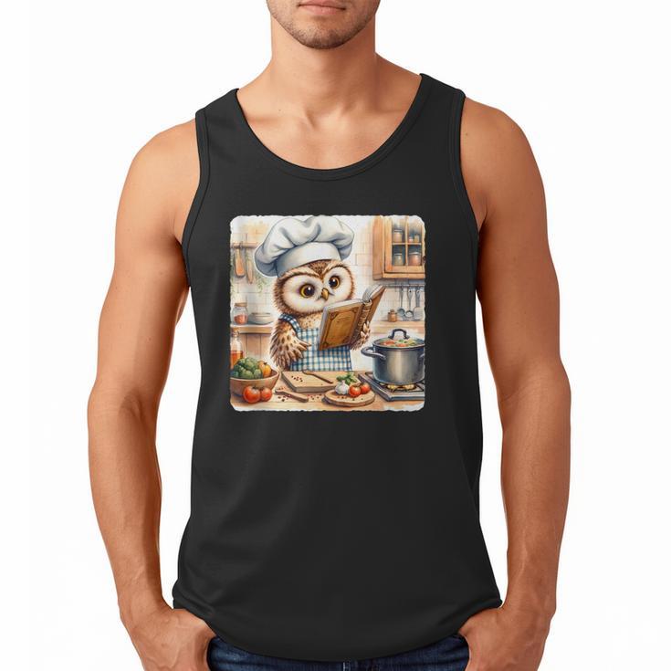 Owl Learning To Cook With Cookbook Chef Apron Stove Cooking Men Tank Top