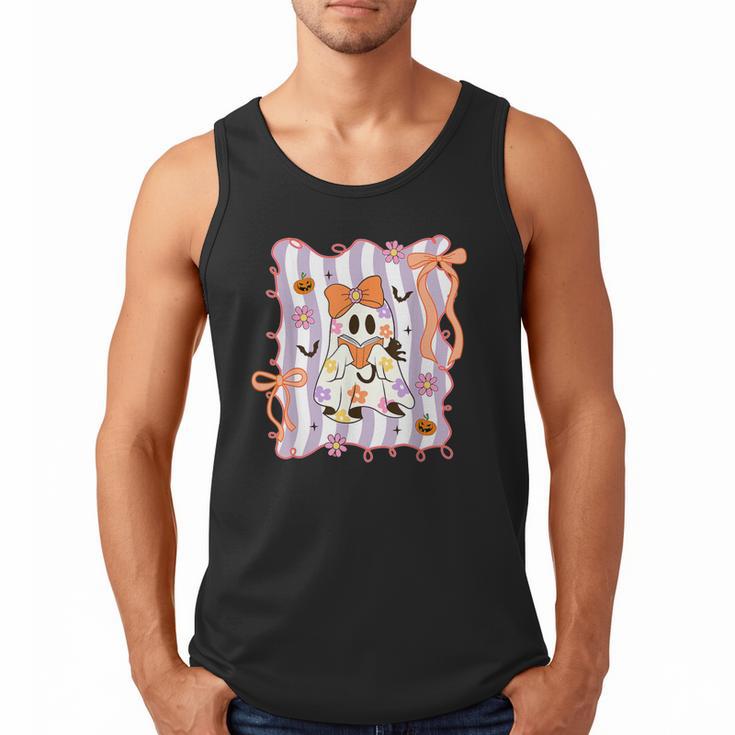 Preppy Coquette Bow Ghost Reading Books Halloween Book Men Tank Top