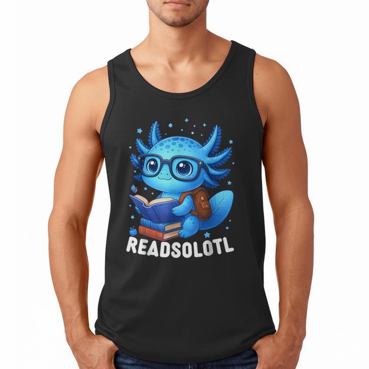 Readsolotl Blue Kawaii Axolotl Book Lover Reading Men Tank Top