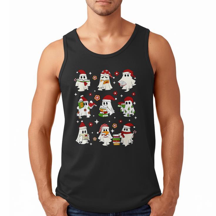 Santa Ghost Reading Books Christmas Library Teacher Men Tank Top