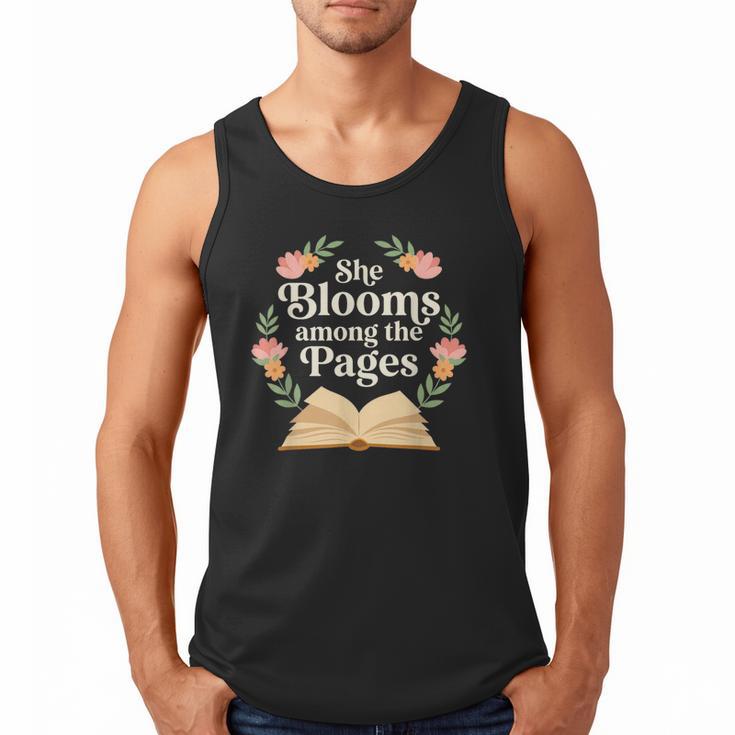 She Blooms Among The Pages Women Mom Wife Floral Book Quote Men Tank Top