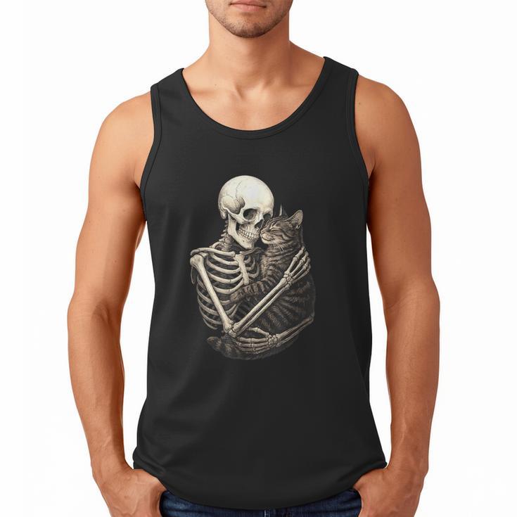 Skeleton Hugging Cat Halloween Cat Lover Cat Mom Dad Men Tank Top