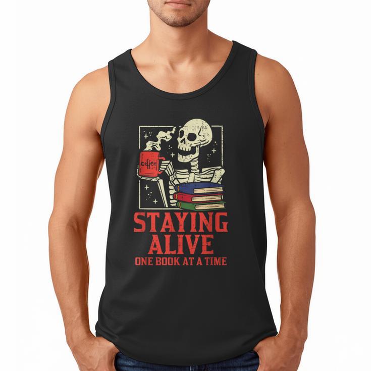Staying Alive One Book At A Time Skeleton Reading Librarian Men Tank Top