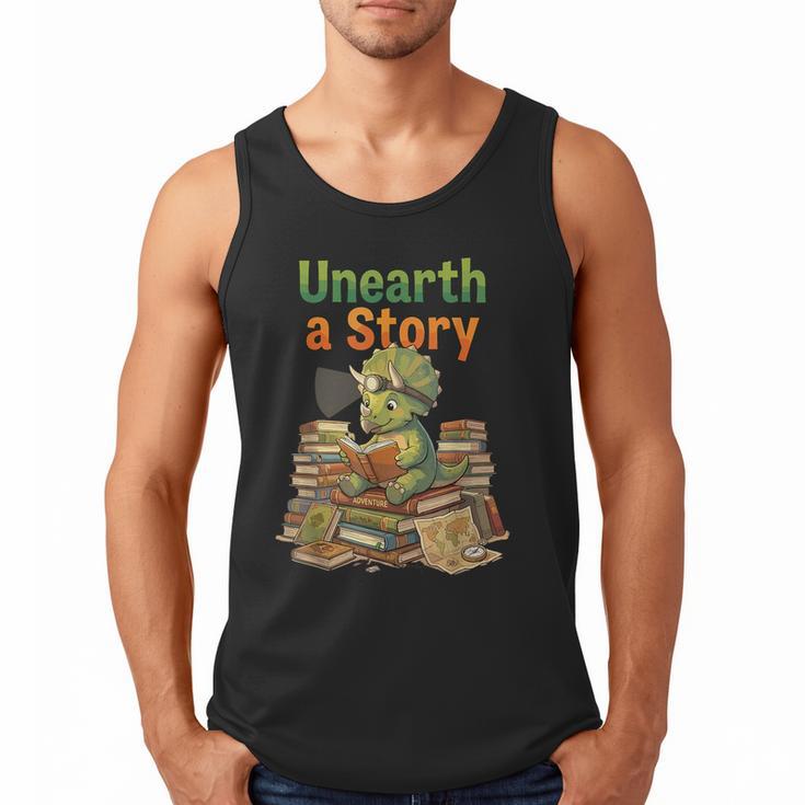 Unearth a Story Triceratops Dinosaur Reading Books Cute Dino Men Tank Top