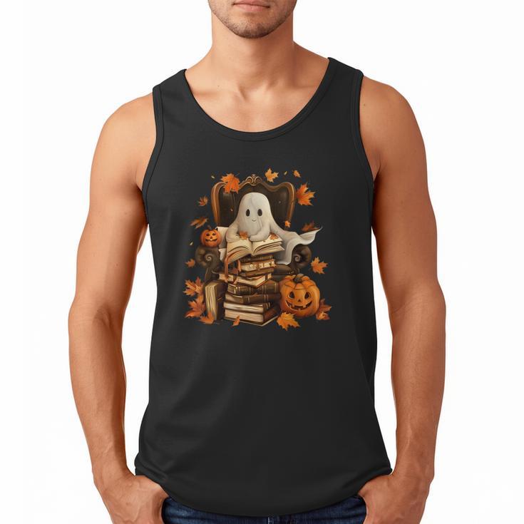 Vintage Ghost Book Reading Pumpkin Gothic Halloween Teachers Men Tank Top