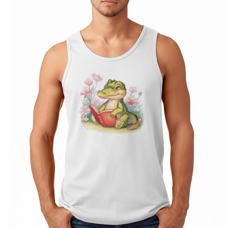 Crocodile Reading Book Watercolor Flowers Kids Men Tank Top