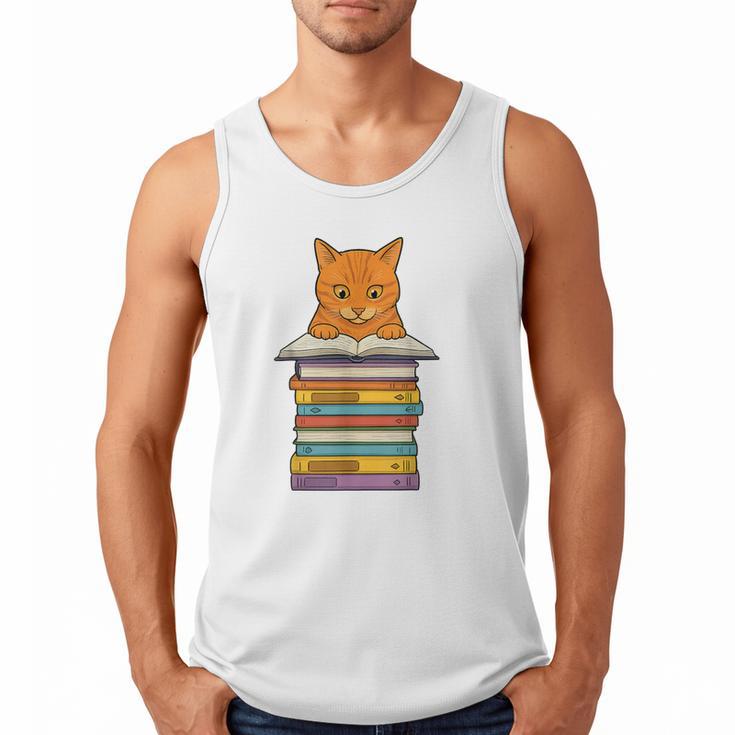 Cute Orange Tabby Cat Reading On Pile Of Books Men Tank Top