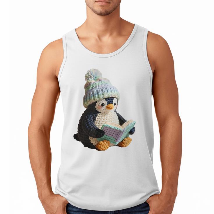 Cute Penguin Reading Book Faux-Crochet Print Men Tank Top