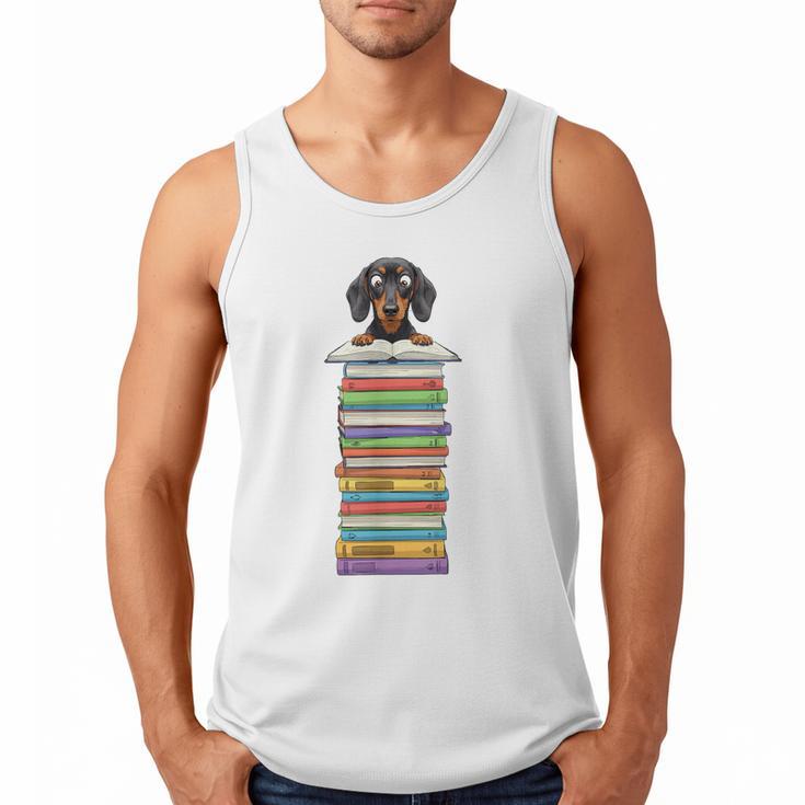 Cute Wiener Dog Dachshund Reading On Pile Of Books Men Tank Top