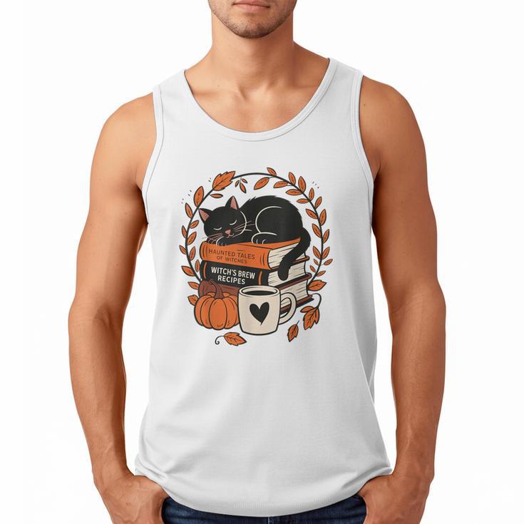 Fall Book Teacher Cat Books Halloween Autumn Librarian Men Tank Top