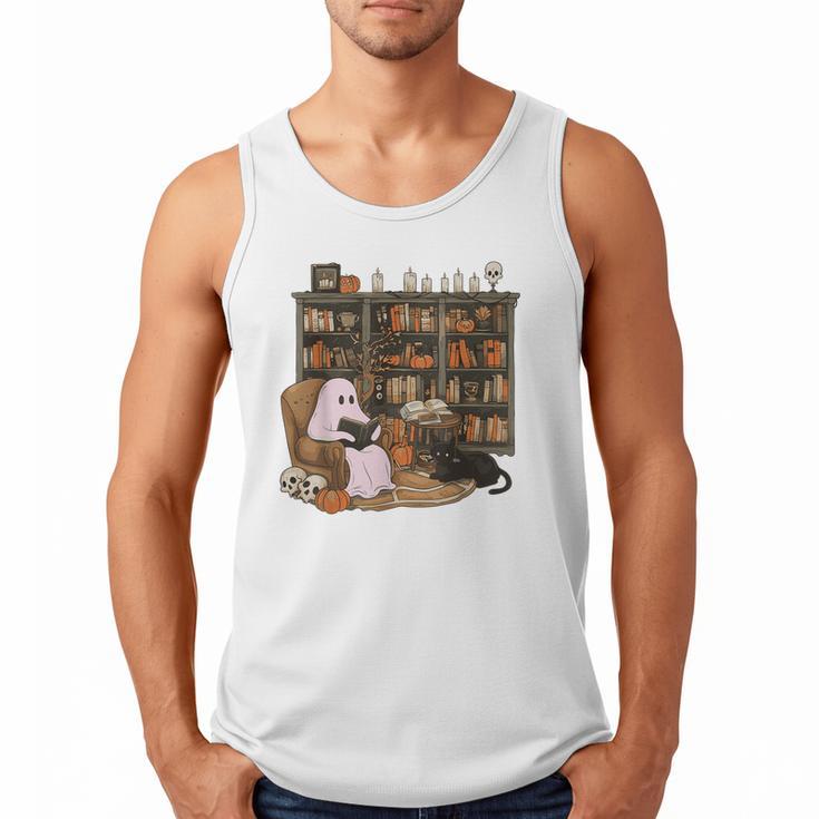 Ghost Reading Book Cat Lover Halloween Reading Enthusiast Men Tank Top