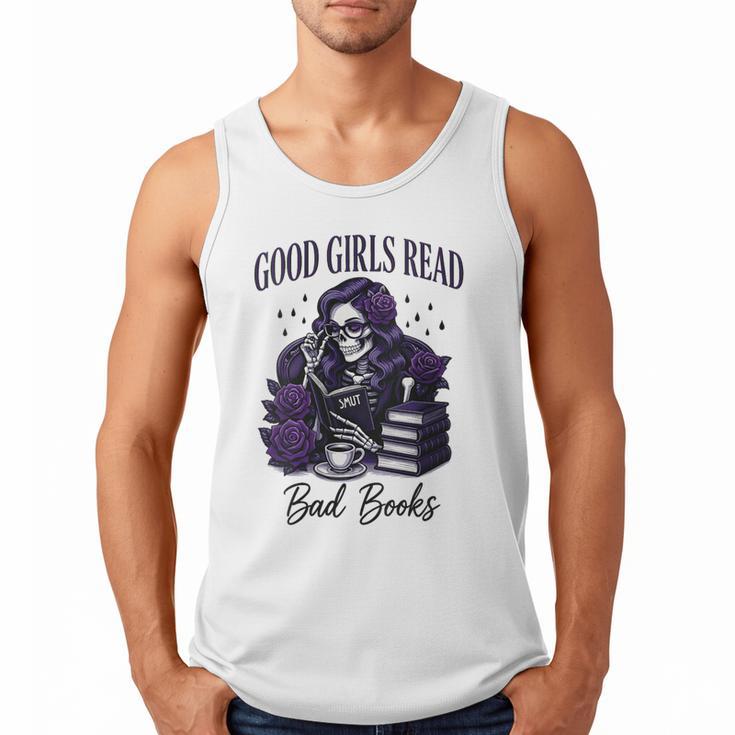 Good Girls Read Bad Books Sarcastic Skeleton Goth Skull Men Tank Top