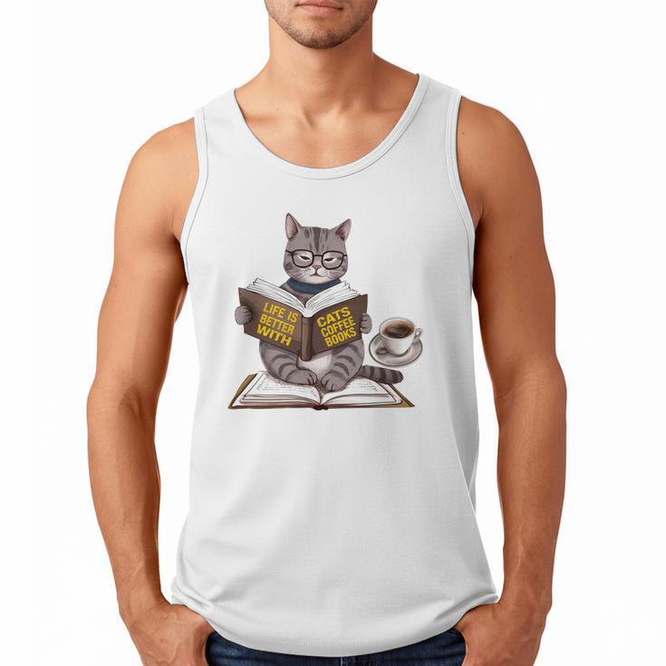 Life Is Better With Cats Coffee Books Cat Reading Book Men Tank Top