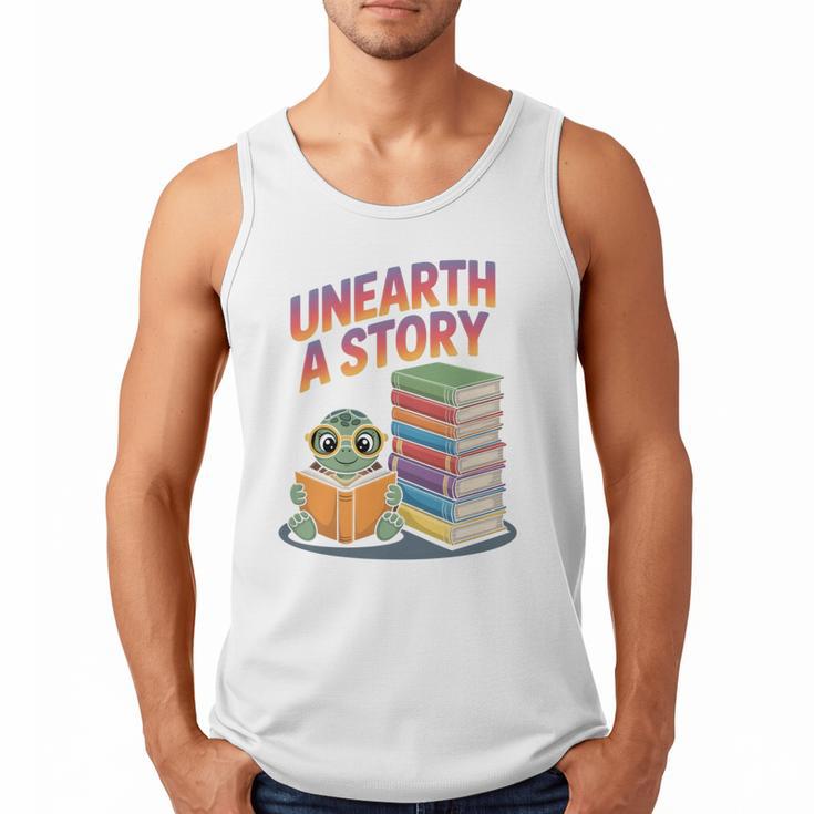 Unearth A Story Cute Turtle Reading Books Librarian Men Tank Top