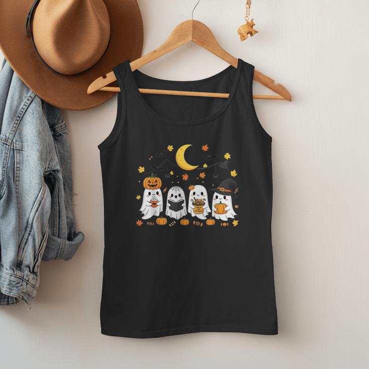 Cute Ghost Drinking Coffee Halloween Fall Ghost Book Reading Men Tank Top