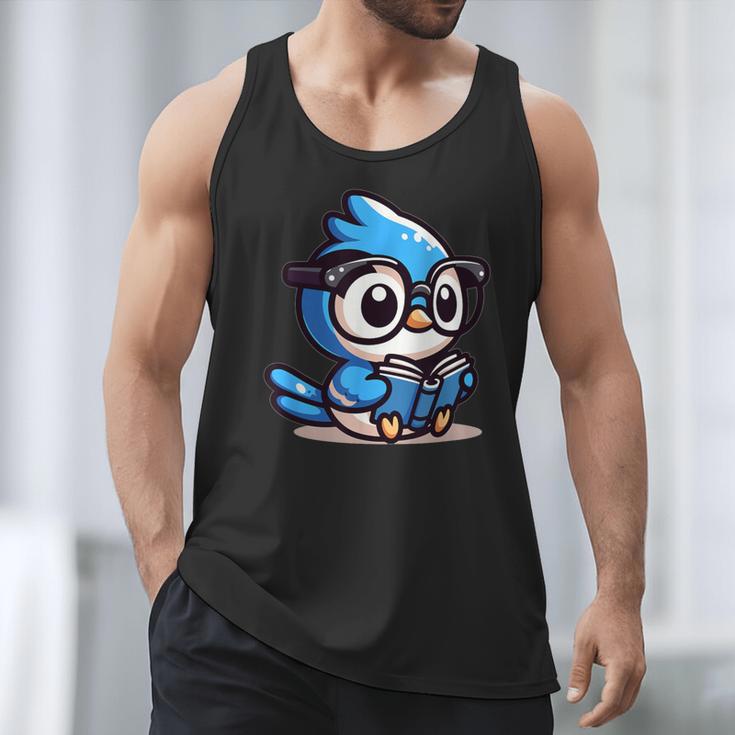 Adorable Book Lover Blue Jay With Reading Glasses Cute Men Tank Top