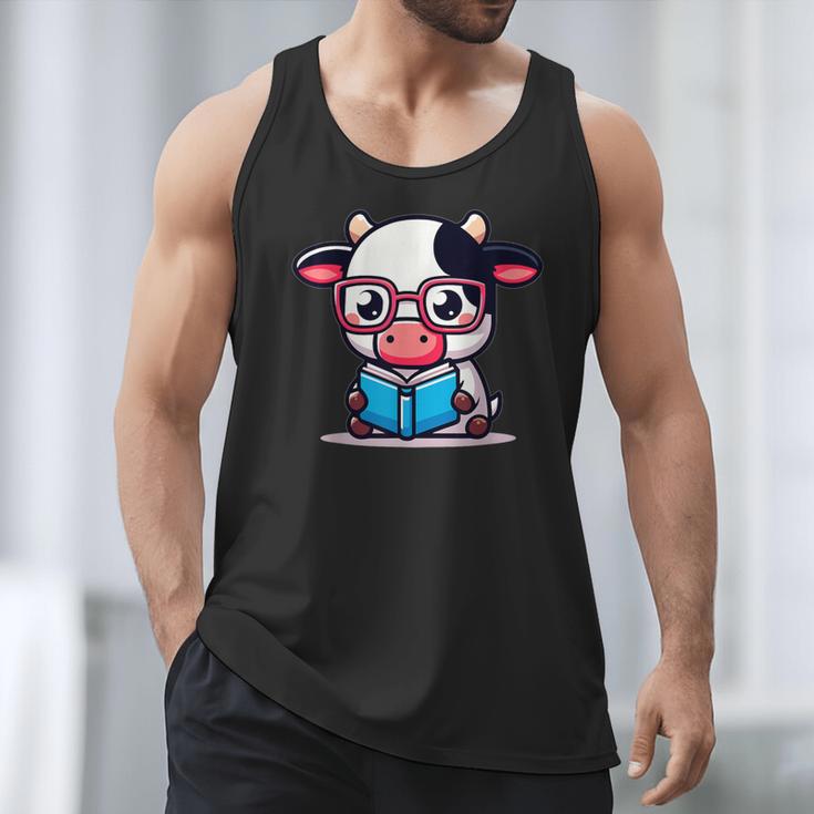 Adorable Book Lover Cow With Reading Glasses Cute Men Tank Top