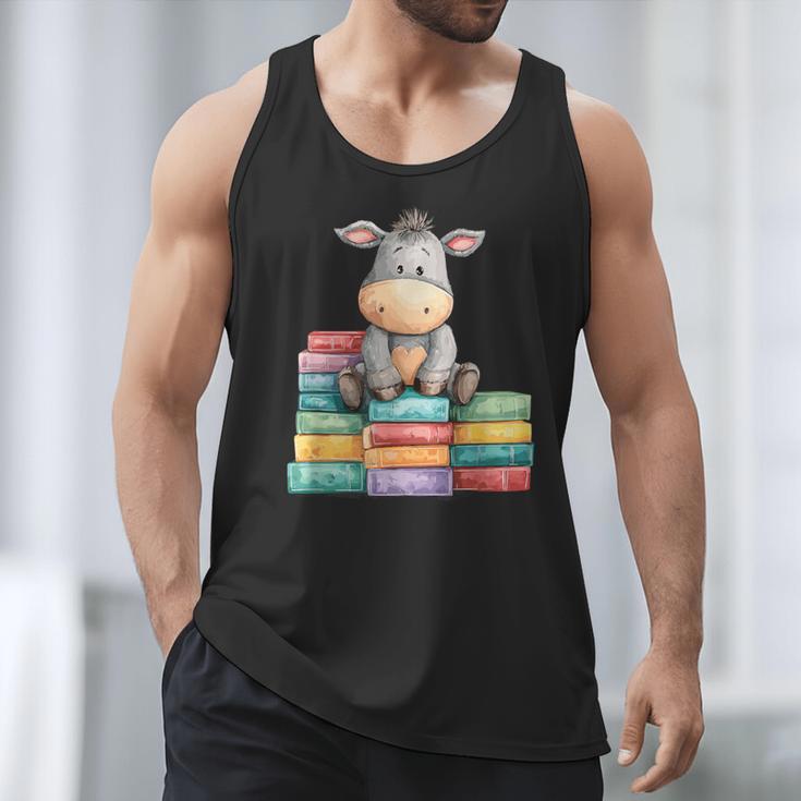 Adorable Donkey With Heart Sitting On Colorful Book Stack Men Tank Top Adorable Donkey With Heart Sitting On Colorful Book Stack Men Tank Top
