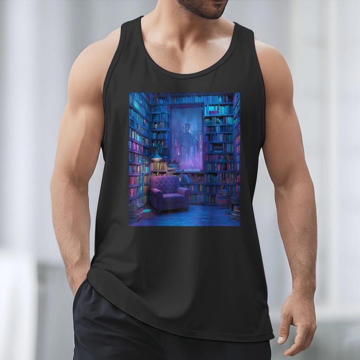 Book Library Bookshelf Armchair Window Pattern Print Men Tank Top