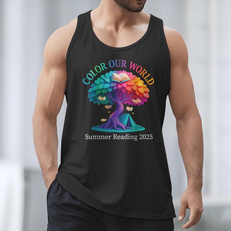 Color Our World Summer Reading 2025 Tree Book Lover Camping Men Tank Top