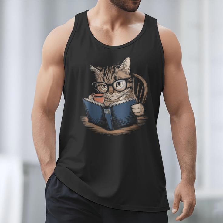 Cute Cat Reading Books With Tea Men Tank Top