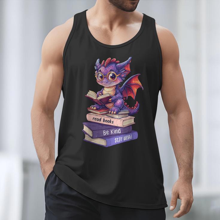 Cute Dragon Read Books Be Kind Stay Weird Book Lover Men Tank Top