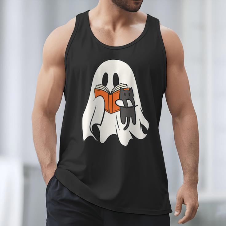 Cute Ghost Cat Reading Book Spooky Season Halloween Costume Men Tank Top