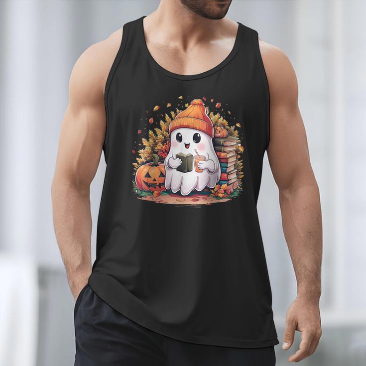 Cute Ghost Drinking Coffee Halloween Reading Book Retro Men Tank Top