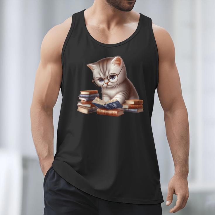 Cute Kitten Bookworm Adorable Cat With Glasses Reading Book Men Tank Top