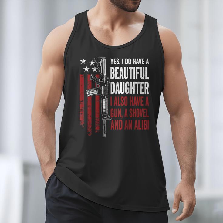 Daughter Gun Shovel Alibi Mom Dad Guns Joke -ON Back Men Tank Top