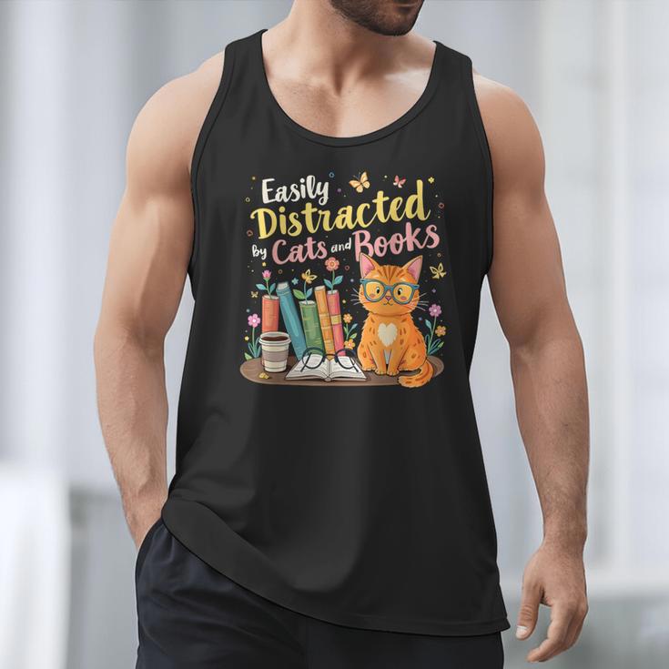 Easily Distracted By Cats And Books Book & Cat Lover Men Tank Top