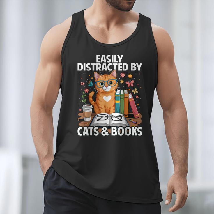 Easily Distracted By Cats And Books Book Lover Cat Men Tank Top