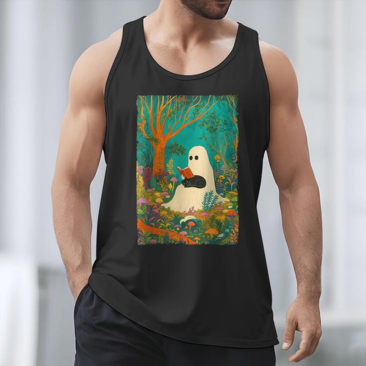 Groovy Ghost Reading Book Cat Halloween Ghost Teacher Men Tank Top