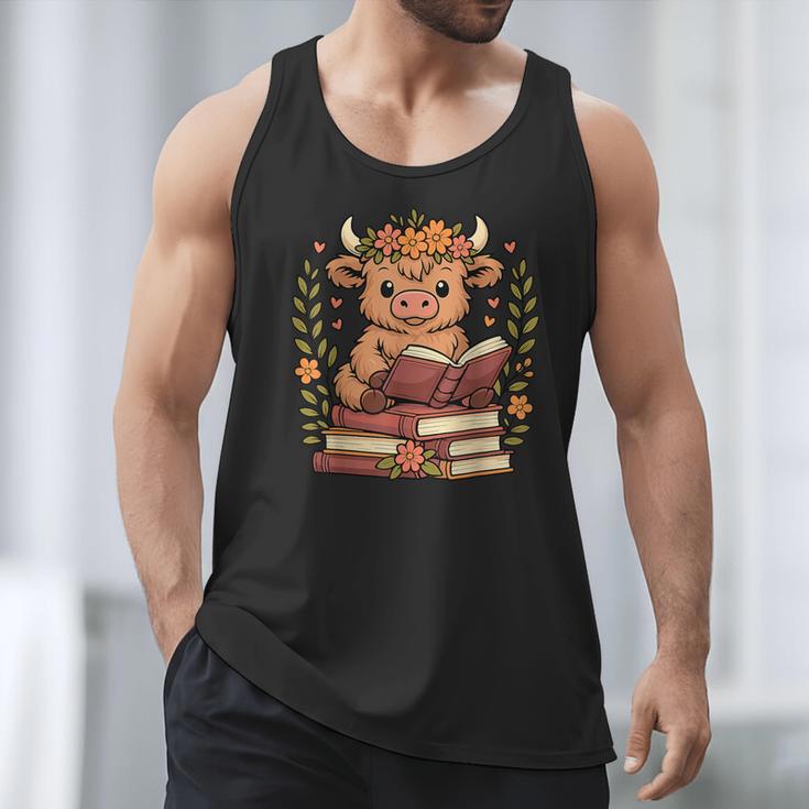 Highland Cow Reading Book Graphic Cow With Book Floral Men Tank Top
