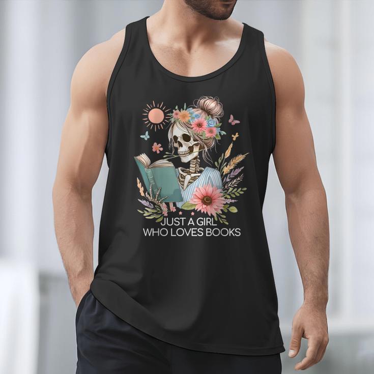 Just A Girl Who Loves Books Messy Bun Book Skeleton Bookworm Men Tank Top