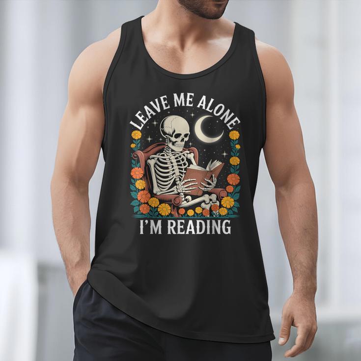 Leave Me Alone Skeleton Reading Book Floral Moon Librarian Men Tank Top