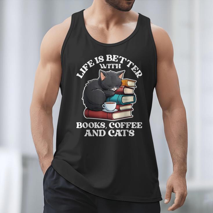 Life Is Better With Books Cats & Coffee Librarian Book Lover Men Tank Top