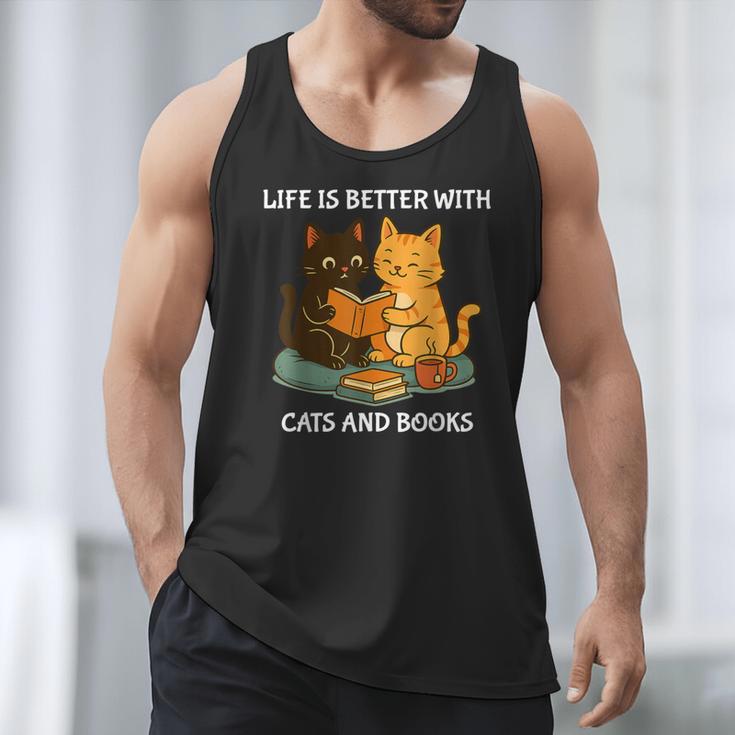 Life Is Better With Cats And Books Cute Cat Lover Men Tank Top