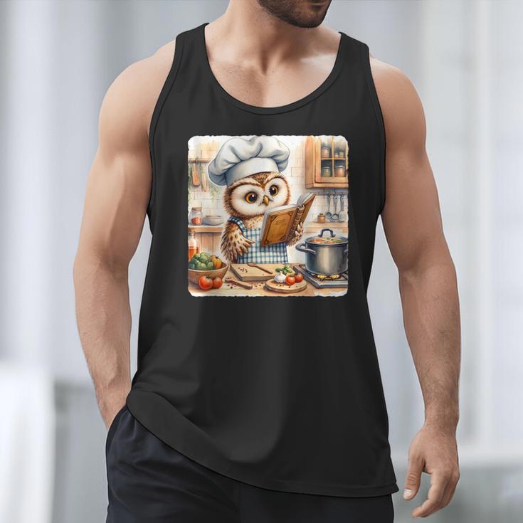 Owl Learning To Cook With Cookbook Chef Apron Stove Cooking Men Tank Top