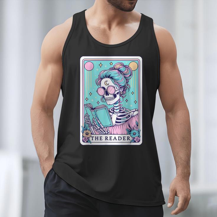 The Reader Retro Reading Skeleton Books Flowers Tarot Card Men Tank Top
