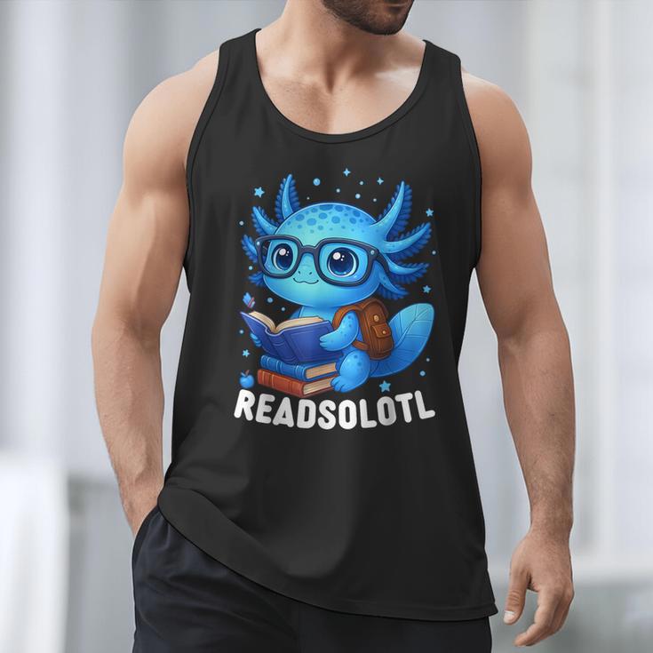 Readsolotl Blue Kawaii Axolotl Book Lover Reading Men Tank Top