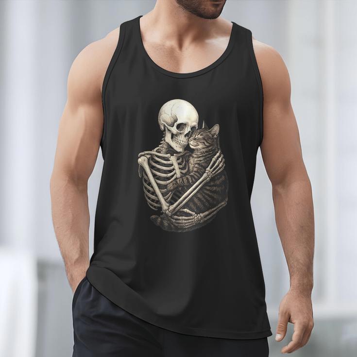 Skeleton Hugging Cat Halloween Cat Lover Cat Mom Dad Men Tank Top
