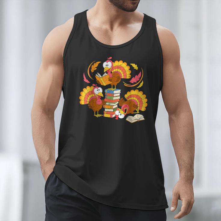 Turkey Reading Books Fall Thanksgiving Teacher Librarian Men Tank Top
