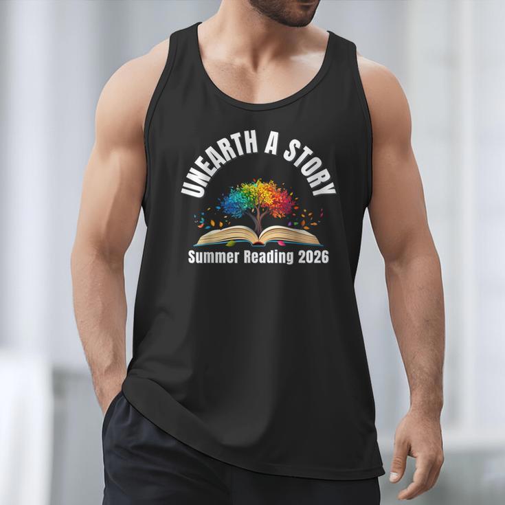 Unearth a Story 2026 Summer Reading Program Tree Book Men Tank Top